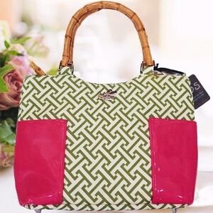 Bumblebee Geometric Canvas Bamboo Handle Satchel Green Pink NWT